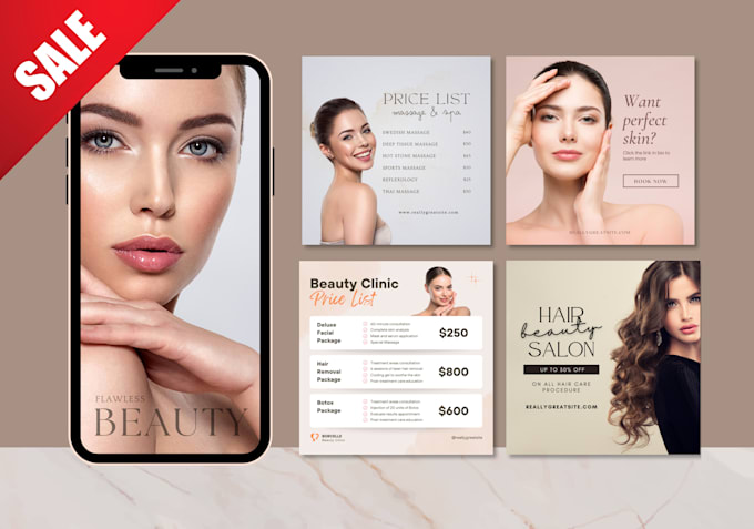 Design spa, hair extension price list, beauty salon social posts