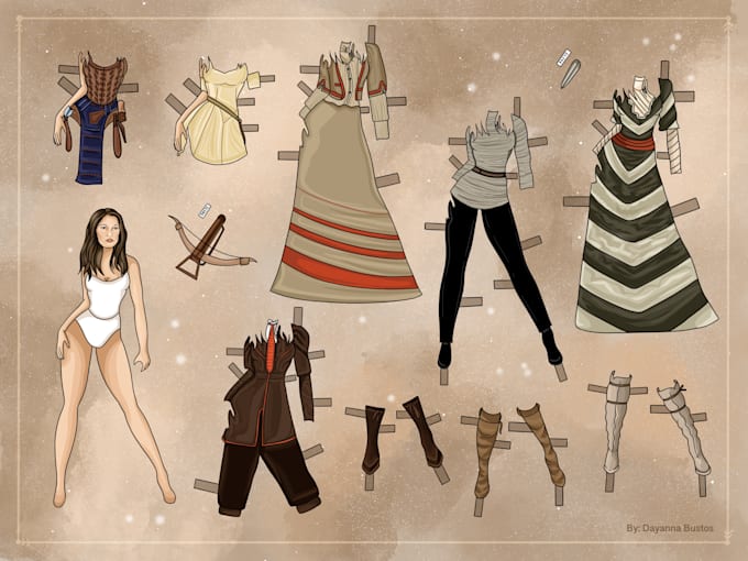 illustrate a paper doll with clothes and accessories