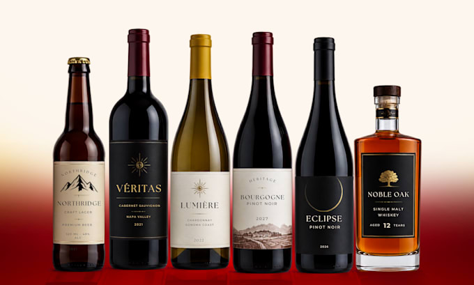 do wine, beer, whiskey, vodka, gin bottle label and packaging design