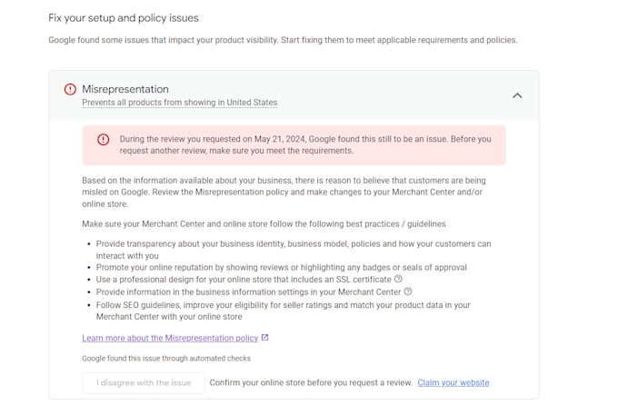 fix your google merchant center misrepresentation suspension