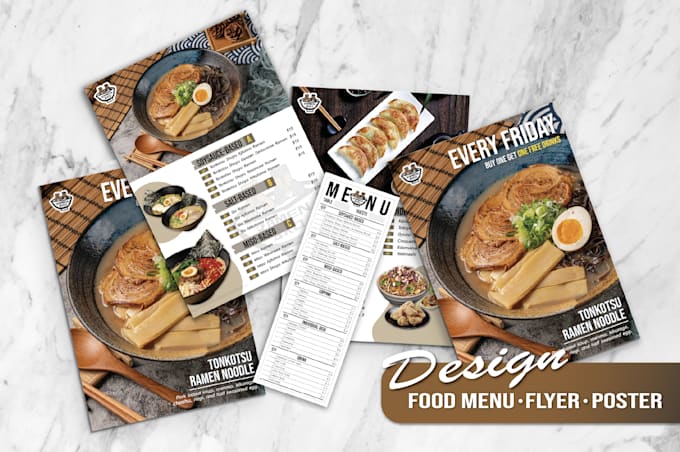 design restaurant menu, food flyer, poster and more