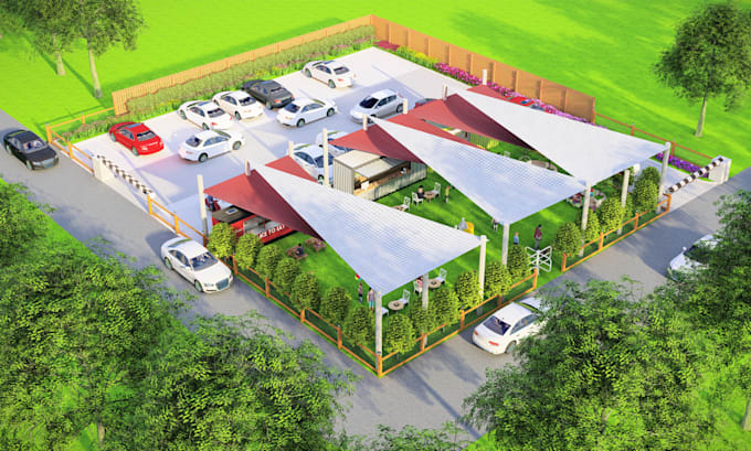 create 3d food truck, restaurant, and food court design from sketch