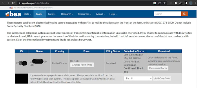 prepare and e file your be 13 and be 12 survey for your USA entity