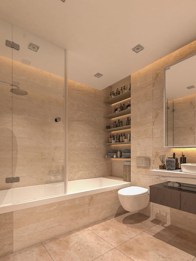 create photorealistic luxury bathroom interior 3d rendering