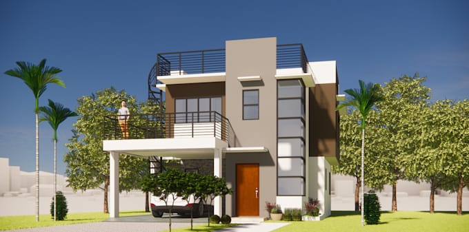 make a 3d exterior design based on a given floor layout