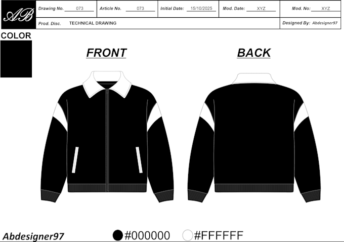 create a detailed corduroy jacket tech pack with size chart, pom, bom, and specs