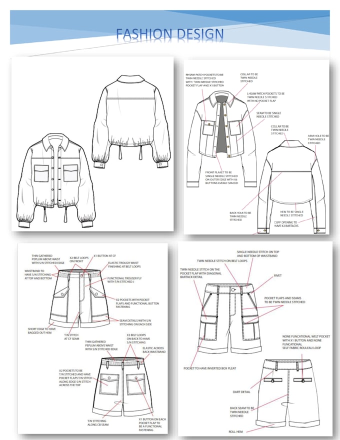 Make a create fashion design and clothing technical flat sketch and