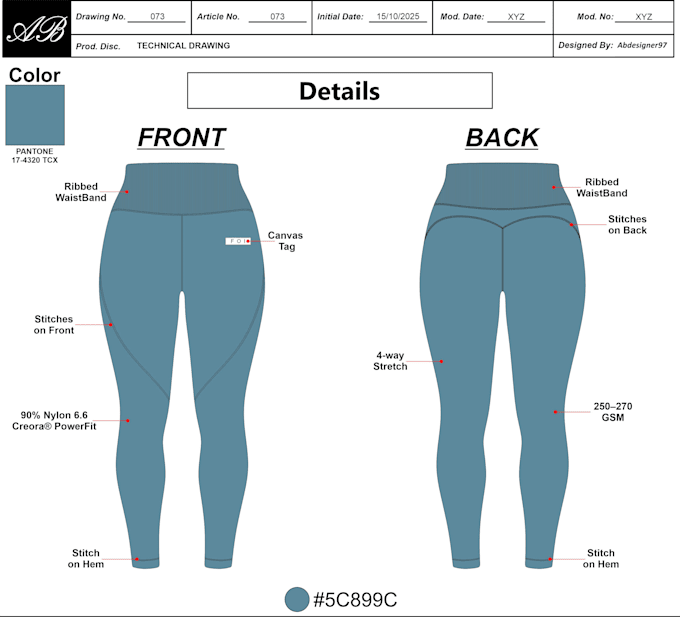 create a professional denim pant tech pack with size chart and bom