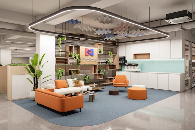 design office interior, workspace and 3d renderings