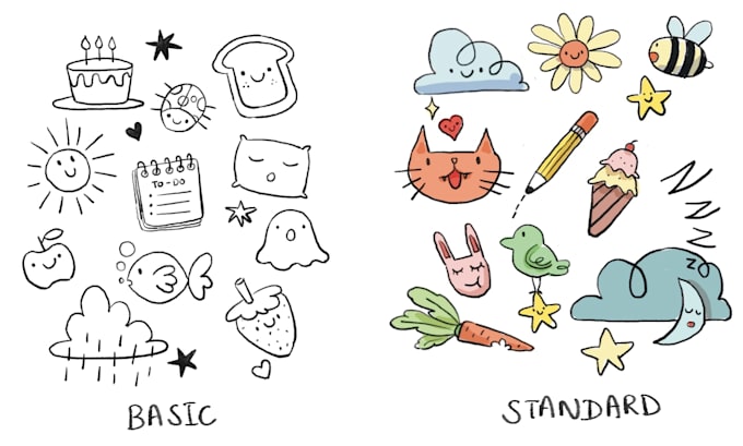 draw hand drawn chibi, editorial illustrations, minimal doodles and outline art