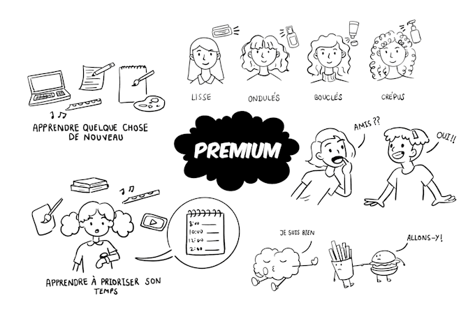 draw hand drawn chibi, editorial illustrations, minimal doodles and outline art