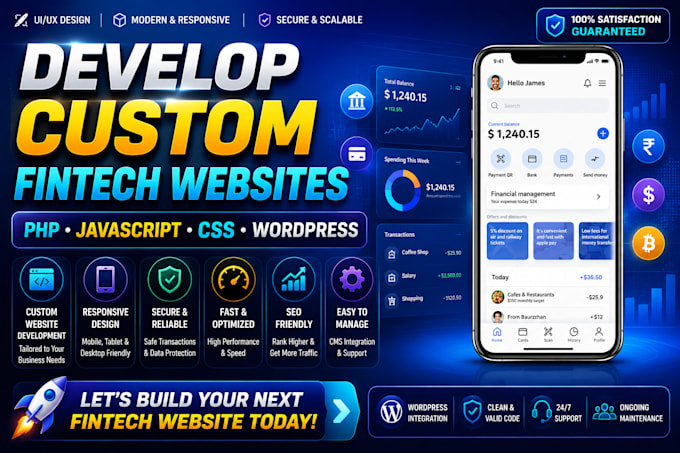 develop custom fintech websites PHP javascript CSS  wordpress