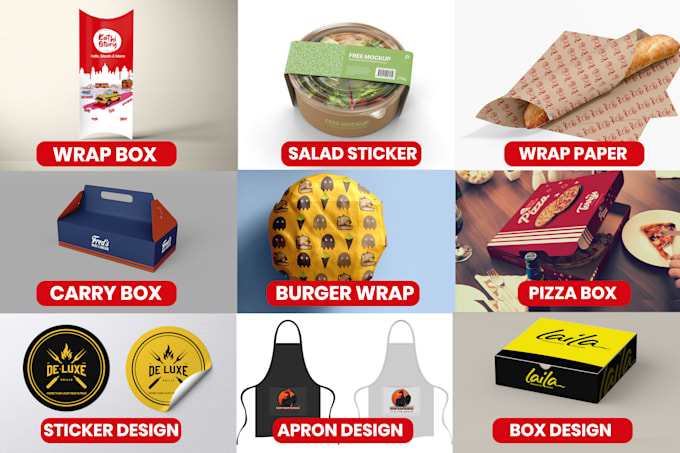 create cafe or restaurant food packaging design with dieline