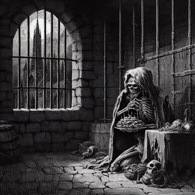 draw detailed gothic dark art illustration, engraving style