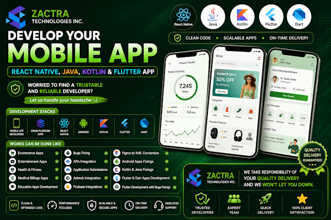 develop your react native app, java, kotlin and flutter app