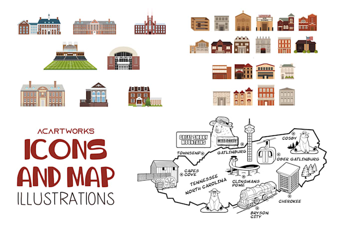 illustrate caricature, icons, and map