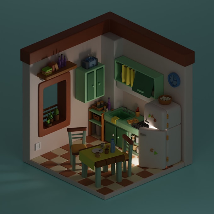 do a isometric 3d room for on blender