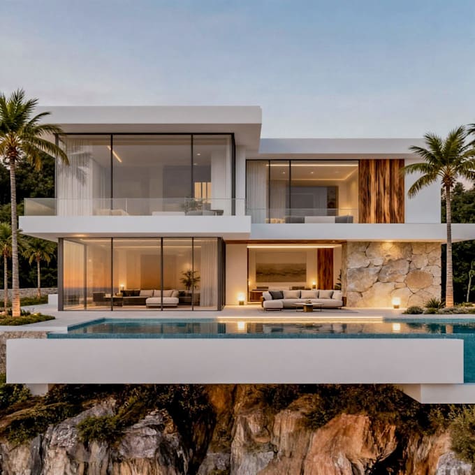 design realistic villa exterior stunning ocean view render