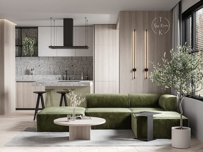 realistic render interior design living room with 3ds max