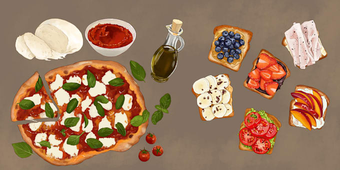 do custom digital food illustrations for menus and branding