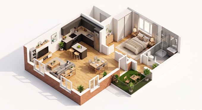do architecture isometric 3d floor plan, interior exterior rendering in sketchup