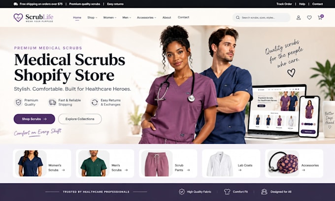 build medical scrubs shopify store, scrub website rn apparel store, medical wear