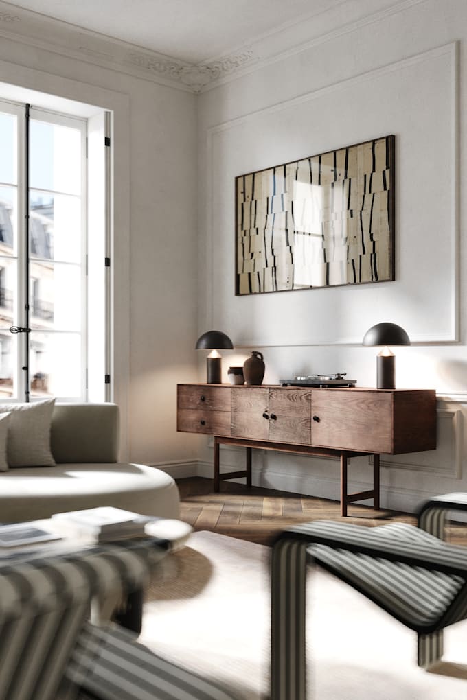 create cozy, photorealistic 3d interior design and rendering