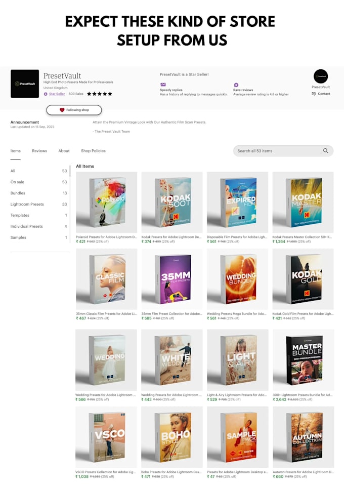 design a custom lightroom presets package for you and build store as well