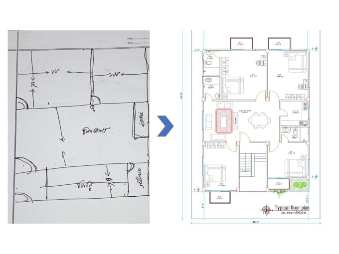 Convert floor plan from sketch, blueprints, pdf, jpeg into autocad by