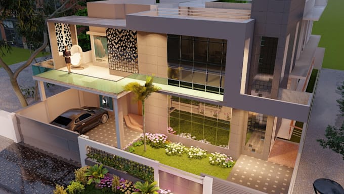 do exterior house, backyard, garden, deck 3d rendering