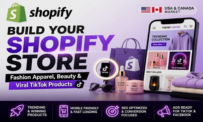 build usa canada fashion apparel, beauty, viral tik tok shop for shopify store