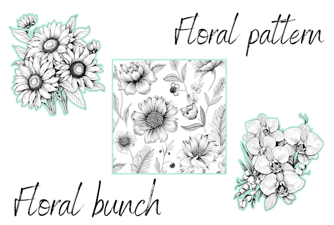 create line art illustrations with florals and landscape