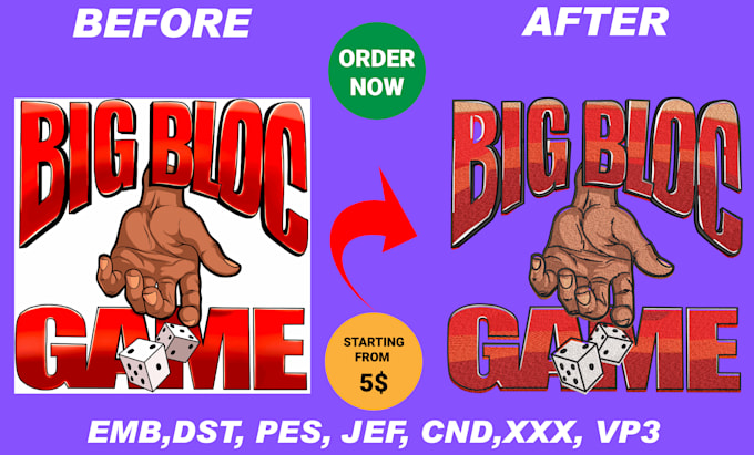 do embroidery digitizing, 3d puff, flat, convert to pes, dst, jef, in 1hr