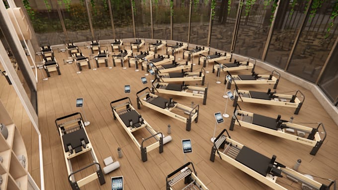 design your commercial gym or fitness facility interior with realistic 3d render