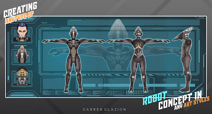 draw mecha and robot reference sheet in anime style