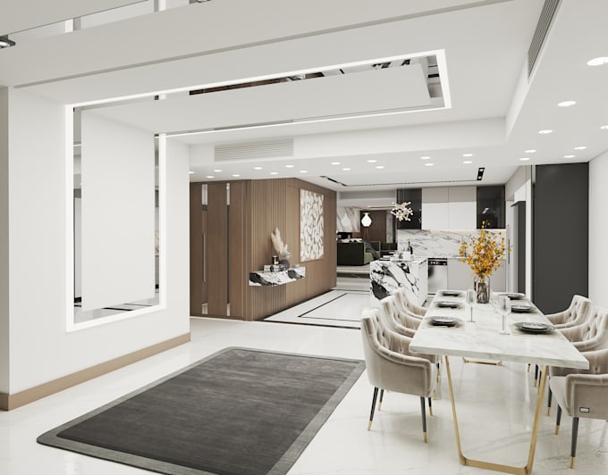 design the interiors of kitchen, bedroom, and salon