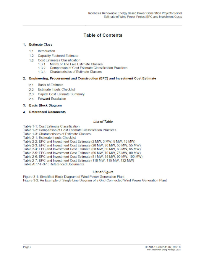 provide estimates of capex of wind power projects