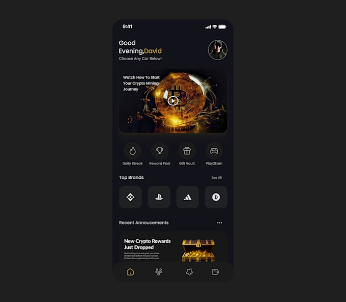 design a clean minimalist fintech app UI with dark theme
