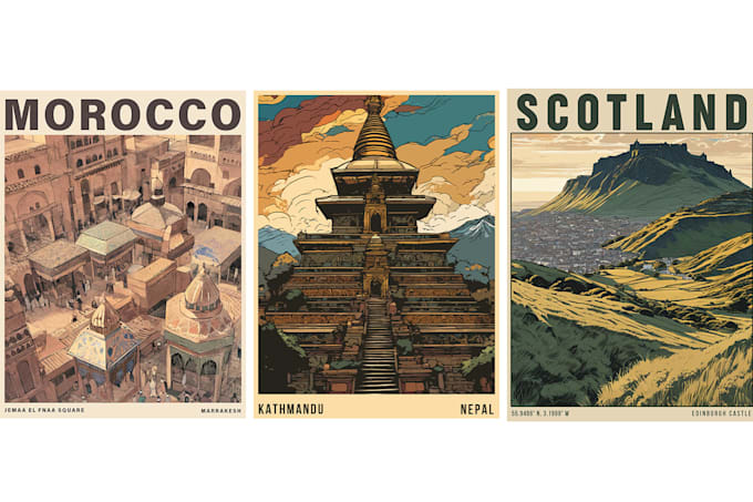 make retro travel posters for cultural cafés and restaurants