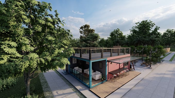 design shipping container homes, cafes, restaurant in 3d