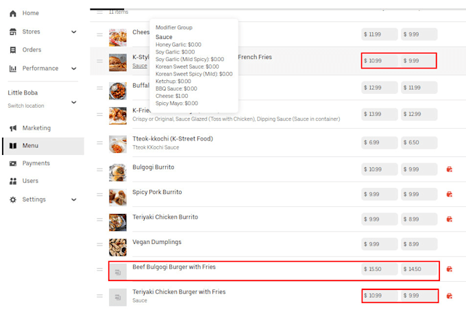 pos menu data entry