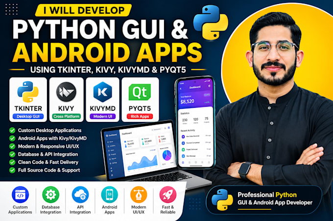 develop python desktop and android apps using tkinter, kivy, kivymd, and pyqt5