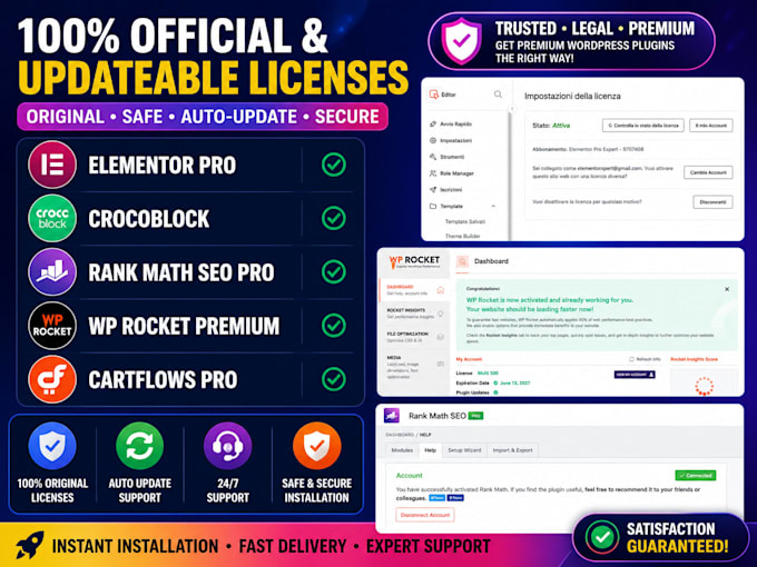 install elementor pro, crocoblock, wp rocket, rankmath with valid license