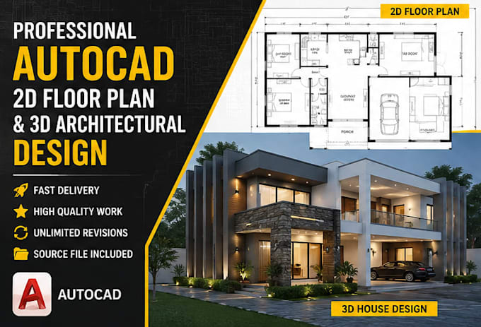 draw autocad 2d floor plans and realistic 3d house designs