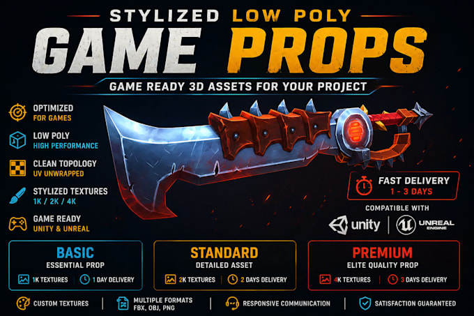create stylized low poly 3d game props for unity or unreal