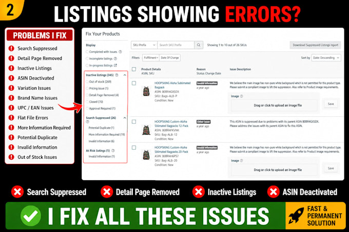 fix amazon inactive, suppressed, stranded and removed listings