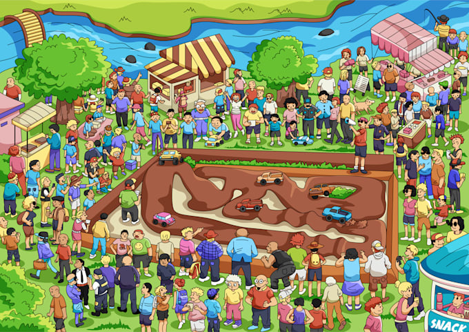 make cool cartoon illustration in waldo style with vector file