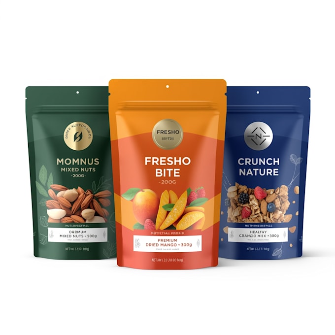 design premium pouch labels, food pouches, chips packaging