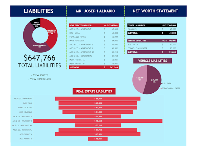 do comprehensive net worth calculation with detailed charts