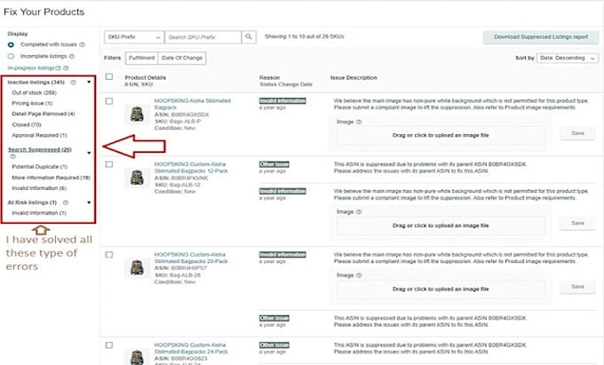 fix amazon listing errors, suppressed listings, variations and flat file issues
